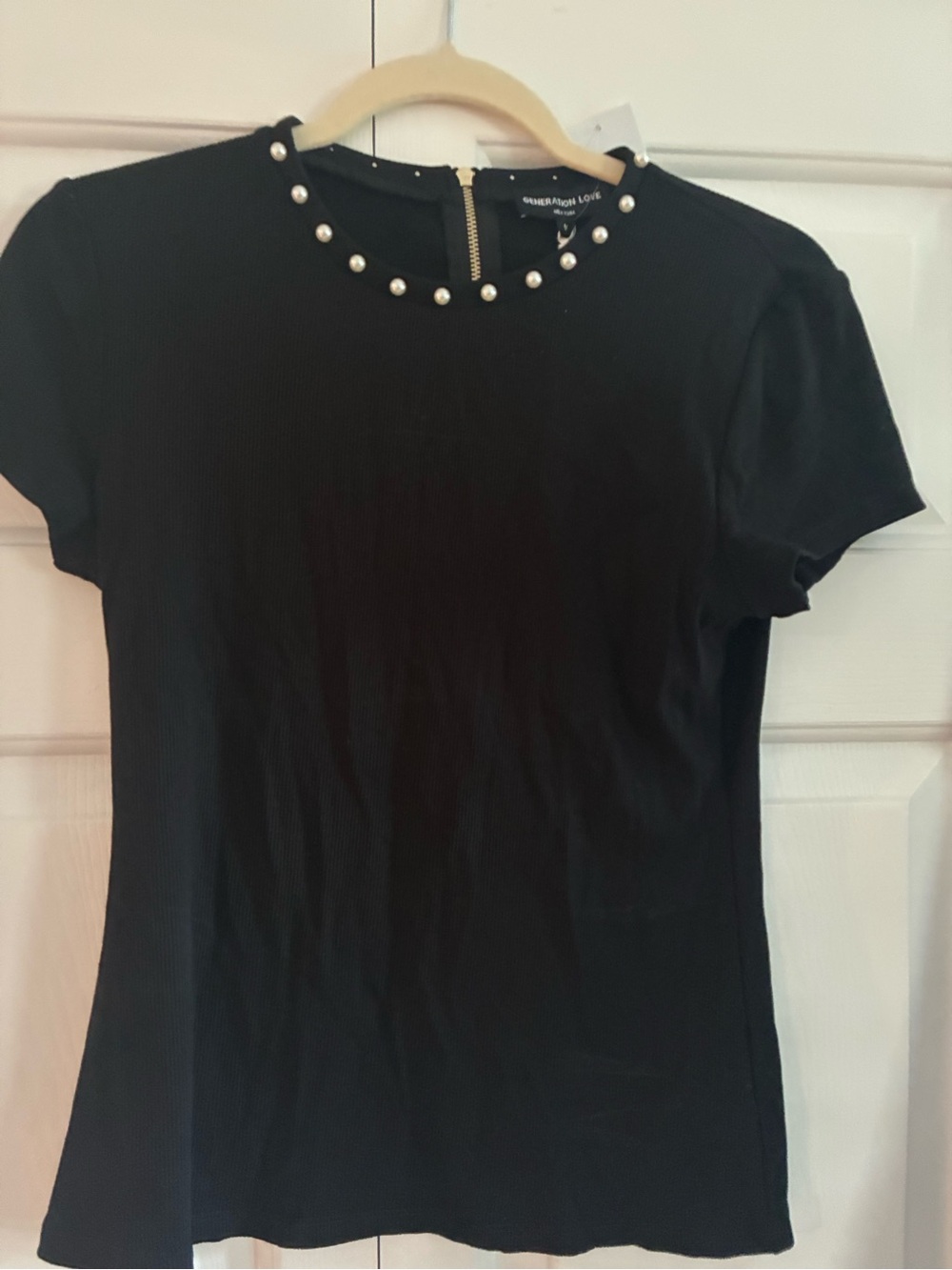 Generation Love Black Short Sleeve Tee with Pearl Neckline
